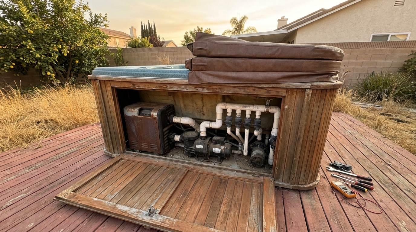 Backyard hot tub with side panel removed exposing pumps and plumbing for repair
